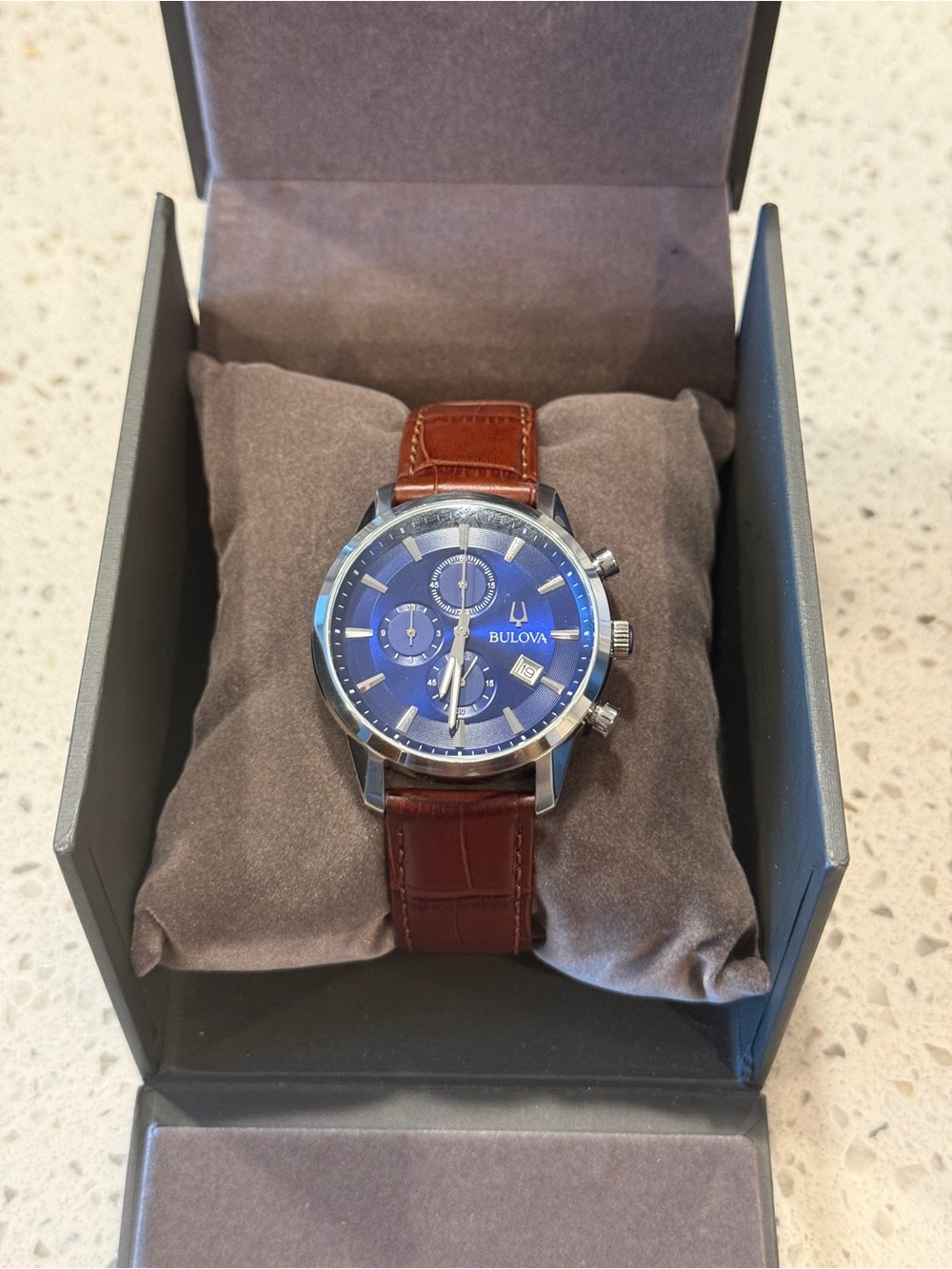 Bulova Blue Dial Chronograph Watch with Brown Leather Strap